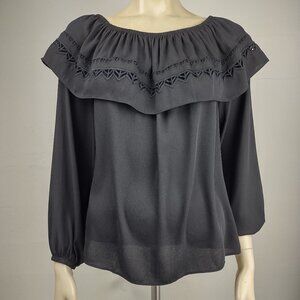 NWT White House Black Market WHBM black ruffled peasant top blouse ladies Medium